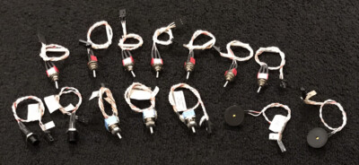 Lot of 14 PCB Components, Switches, Dials, etc. w/ silver plated Wire & plug