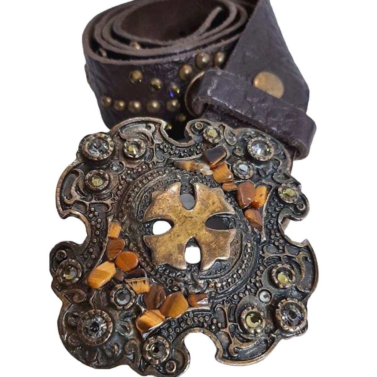 Iron Cross Embellished Leather Belt - 39