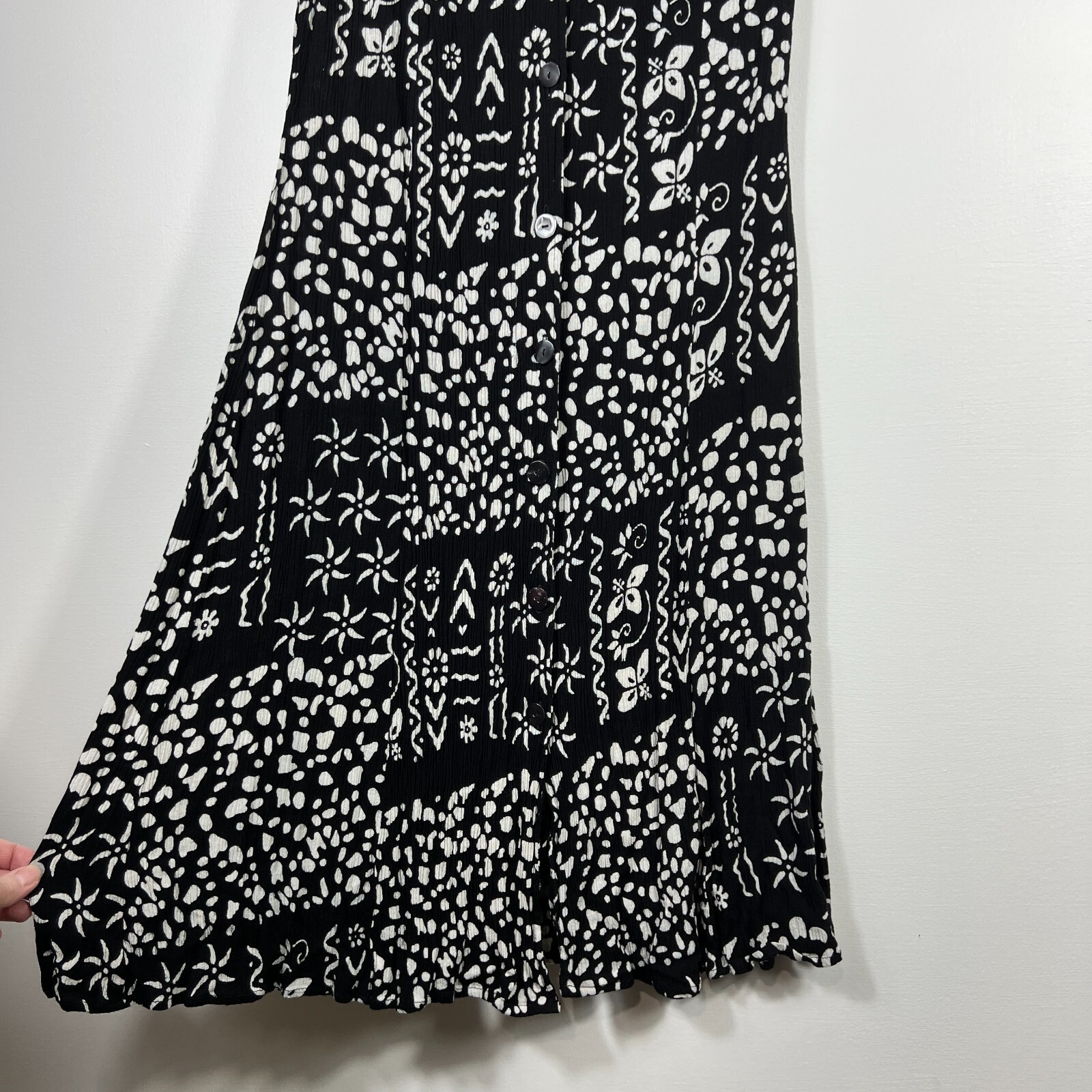 Buster N Bogi Dress 0X Black White Batik Button Front Sleeveless Flowy Floral