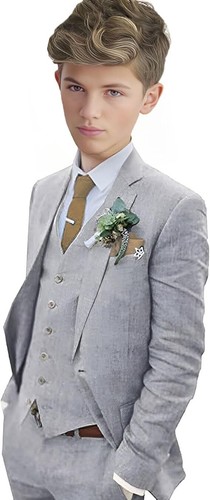 Boys Linen Suit Boys Tuxedo Slim Fit 3 Piece Summer Suit Kids Linen Suit Jacket - Picture 3 of 31