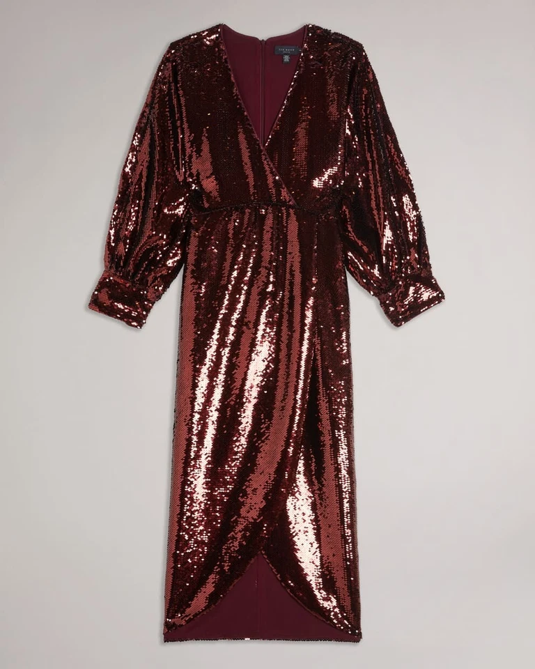 Vestido midi envolvente adornado con lentejuelas borgoña vino Emalee TED BAKER 5 = 12 EE. UU. = L Foto 4 de 4