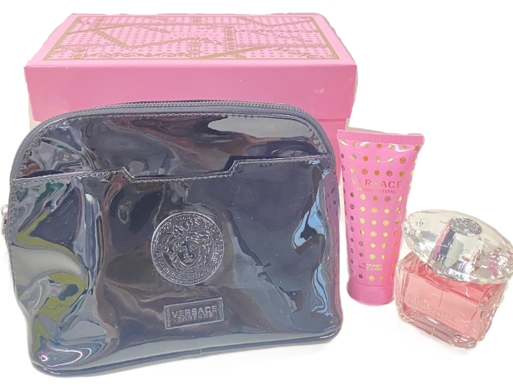 VERSACE BRIGHT CRYSTAL ASOLU SET : 3oz EDP,  Body Lotion, VERSACE Black Pouche