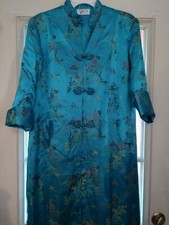 Vintage Chinese Long Aqua Silk Robe, Frogs , Quilted Cuffs And Yoke, L