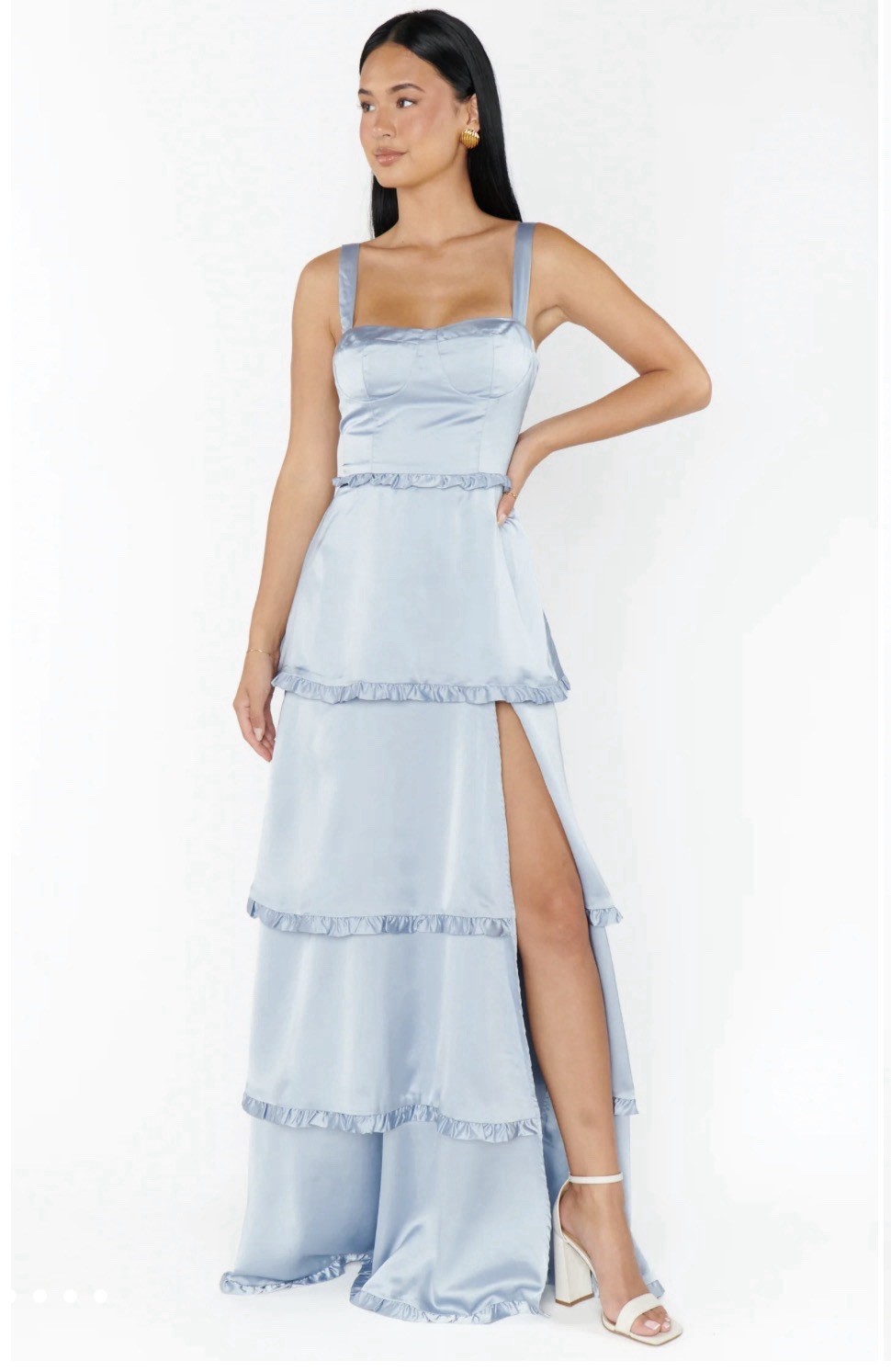 Show Me Your MUMU Lady Corset Dress Steele Blue Luxe Satin Size XS Tiered Maxi