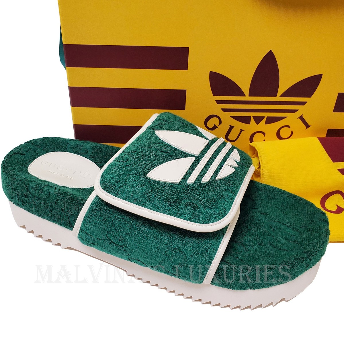 NWT Gucci x Adidas Men\'s GG Platform Sandal Green Cotton Sponge Sz 9 Adidas × Gucci NIB Gucci x Adidas platform slides sandals G  main image 2