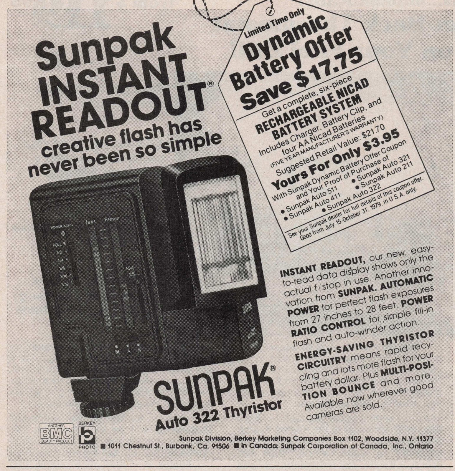 1979 Vintage Print Ad Sunpak Auto 322 Thyristor Instant Readout Camera Flash