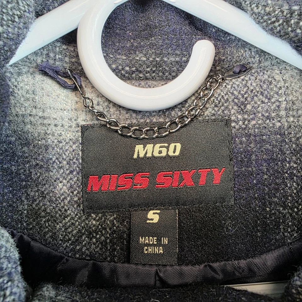 Abrigo para mujer Miss Sixty S azul negro mezcla de lana a cuadros con cinturón doble pecho Foto 3 de 4
