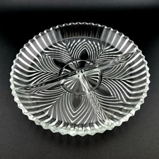 Vintage Indiana Glass Ridge & Fan 7" Divided Relish Dish Clear Pressed Glass
