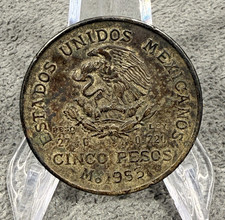 1953  Mexico 5 Pesos Hidalgo Commemorative 0.720 Silver Coin. Heavy Toning