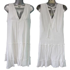 Gauze Peasant Sundress Women L White Sleeveless Mini V Neck Layered Tiered Boho