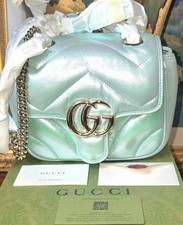 NEW AUTHENTIC GUCCI MARMONT MINI SHOULDER BAG GREEN IRIDESCENT QUILTED LEATHER