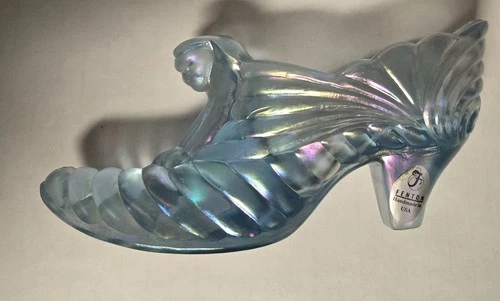 NOS Fenton Cathead Light Blue Carnival Glass Iridescent High Heel Shoe #151