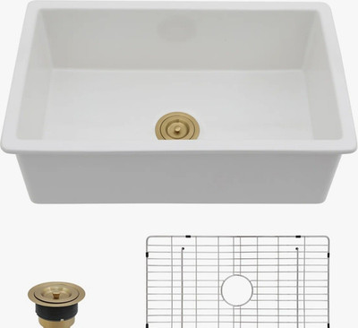 Beslend White Fire Clay Farmhouse Kitchen Sink, 30x18, Grid & Drain Included