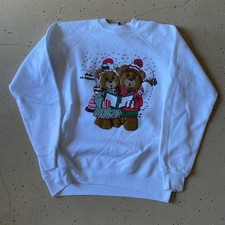 Vintage 80s 90s Men M White Sweatshirt Classic Fall Christmas Bears Winter Jolly
