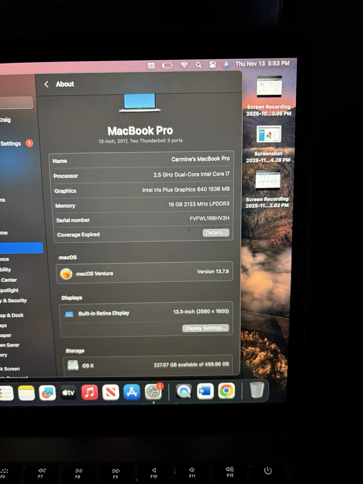 MacBook Pro 2017, 13,3 pulgadas, dos puertos Thunderbolt 3 Int Core i7 16 Gb RAM 512 GB Foto 4 de 4