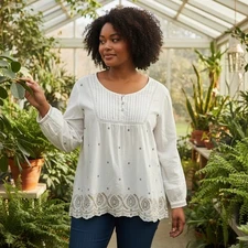 LOGO Lori Goldstein Pintucked Popover Top Womens Size 1X White Embroidered 