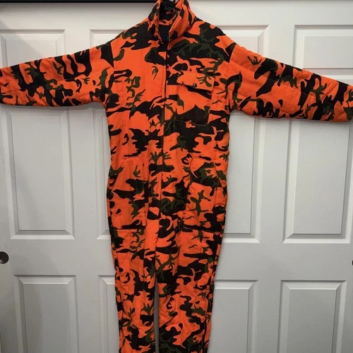 Vintage Saf-T-Bak Blaze Camo Coveralls Mens Large Orange Insulated Hunting USA - product listing photo