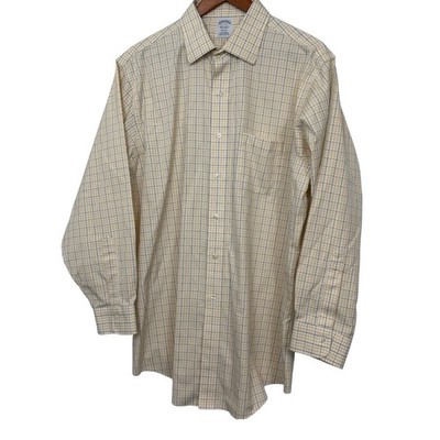 Brooks Brothers Regent Fit Dress Shirt 17 33 Yellow Blue Check Non-Iron Supima