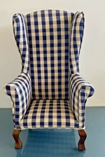VTG Tender Art Collection Doll Chair Wing Back Blue Check for 18” Doll Bear