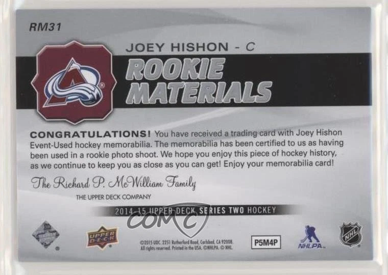 2014-15 Upper Deck Rookie Materials Joey Hishon #RM31 RC - Image 2 of 2