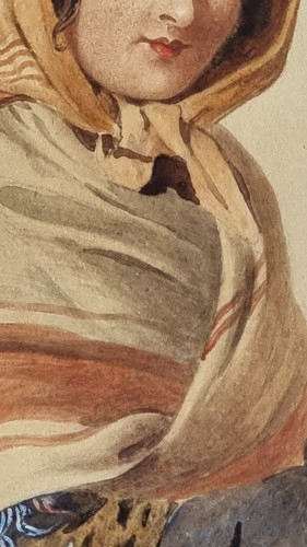 Contadinella che raccoglie fiori, dipinto acquerello inglese epoca Ottocento - Foto 12 di 15