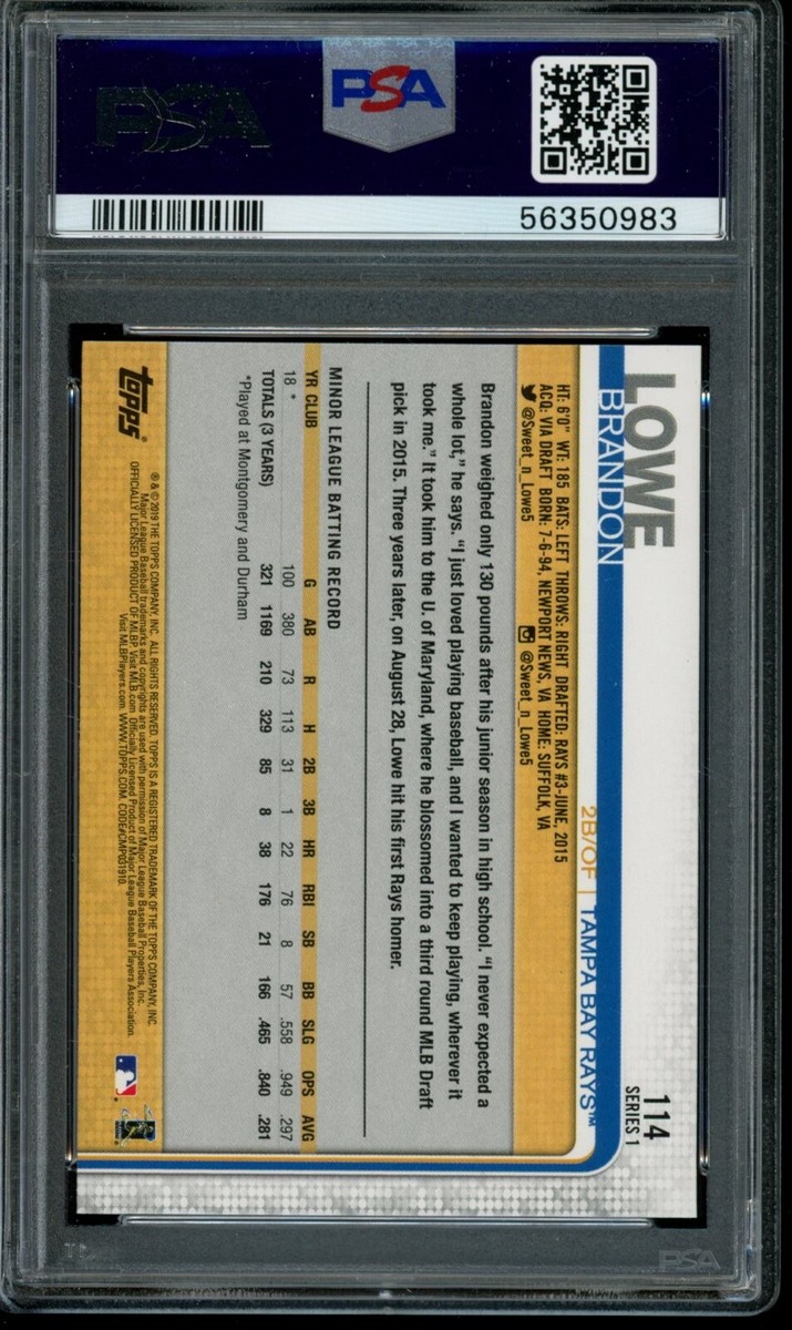2019 Topps Series 1 #114 Brandon Lowe PSA 10 Gem Mint RC