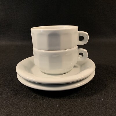 Two Sets Pillivuyt Espresso Cup & Saucer dodecagon 12 facet shape