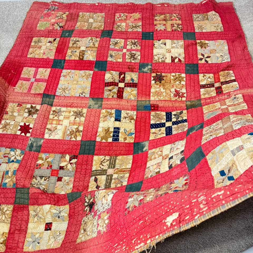 vintage handmade quilt twin patchwork feed sack cotton 8 point stars primitive - Image 3 of 4