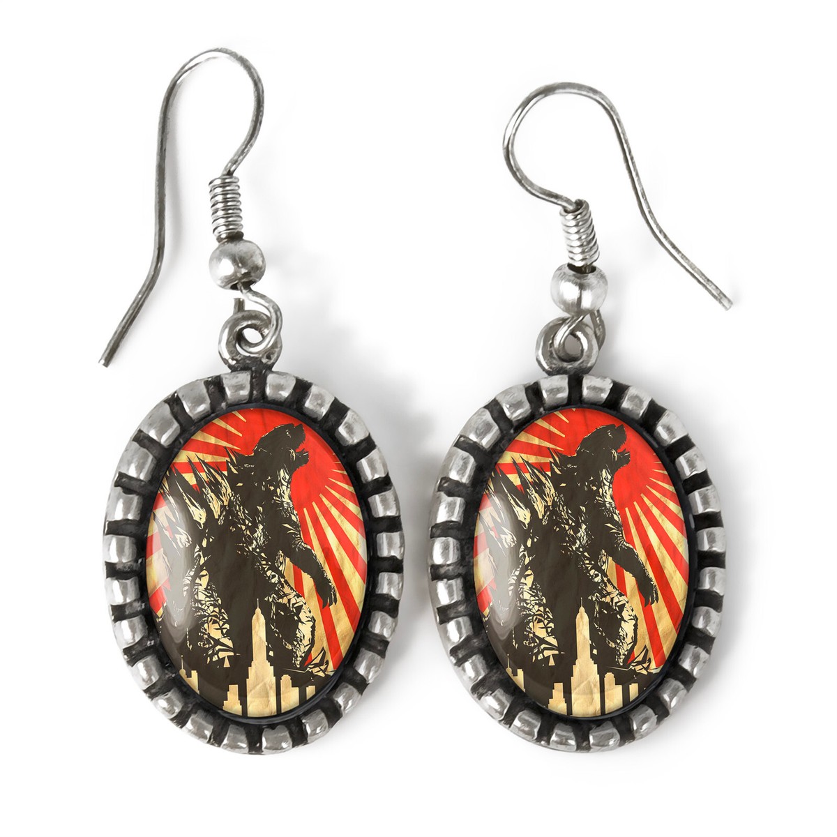 Godzilla Earrings - Japanese Movie Monster Silver Drop