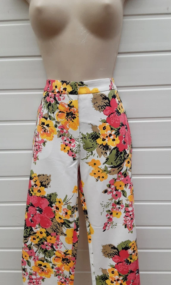 TROUSERS,WHITE FLORAL,TAPERED,50S,60S,80S RETRO LOOK,STRETCH,POCKETS,SIZE 16,NWT - Image 3 of 4