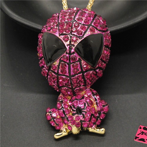 Fashion Lady Cute Purple Spiderman Hero Bling Crystal Pendant Women Necklace