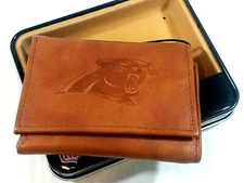 CAROLINA PANTHERS Embossed   Leather Trifold Leather Wallet Real Metal Box