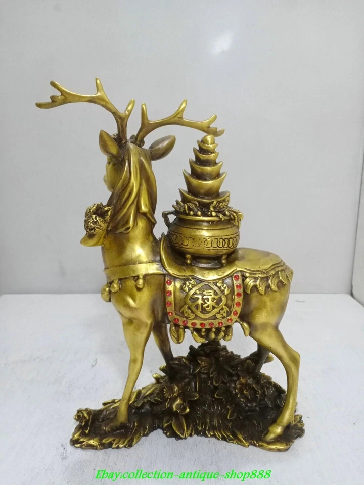 Old Chinese Brass Gems Fengshui Wealth Deer Sika deer Coin Yuanbao Animal Statue - Image 3 of 4