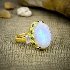 Solid 925 Sterling Silver Rainbow Moonstone Ring Gold Plated Handmade Jewelry