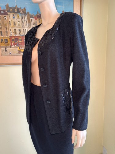 New Vtg ST JOHN Sz 16/XL Black Sequin Stretch Wool-Knit Boucle Silk/Mesh Blazer - Picture 8 of 19