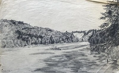 Zeichnung Flusslandschaft mit bewaldeten Ufern Bayern 1922 Monogramm W 41 x 25,5 - Bild 1 von 4