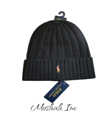 Polo Ralph Lauren Men's Black Wool Blend Ribbed Cuff Knit Beanie Hat RL Pony