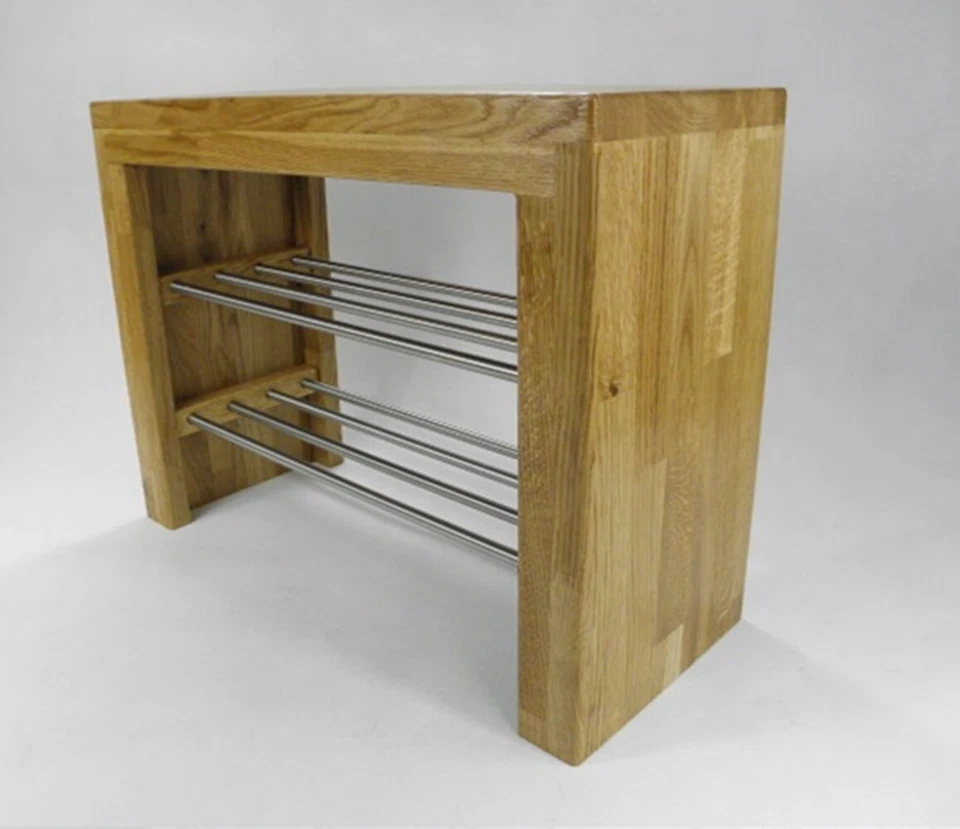 Holzbank Eiche Schuhablage Edelstahl Garderobenbank Flurbank Designbank Bank - Bild 3 von 4