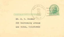 California Fallen Leaf 1944 4f-bar  1908-1967  Postal Card.