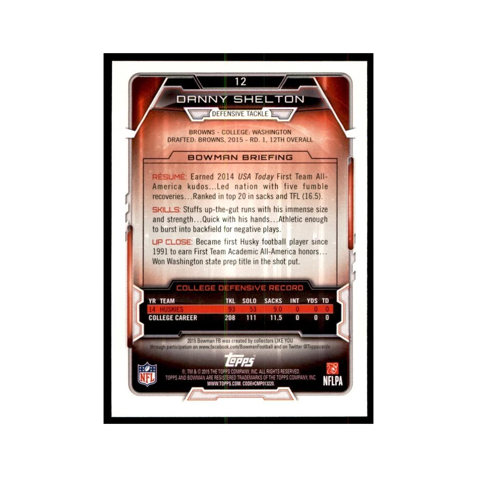 2015 Bowman Danny Shelton RC Football Cards #12 - Image 2 of 3