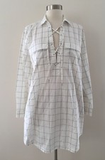 New MADEWELL Lace Up Front Windowpane Shirt Dress White Size M Sample