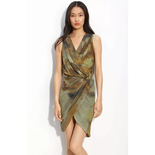 Haute Hippie Olive Multi 100% Silk Sequined Wrap Dress Size Large