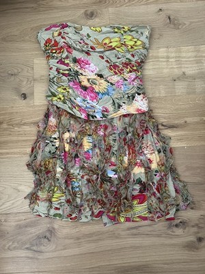 Derhy Women's Floral Ruched Strapless Mini Dress Tan Pink Size Large