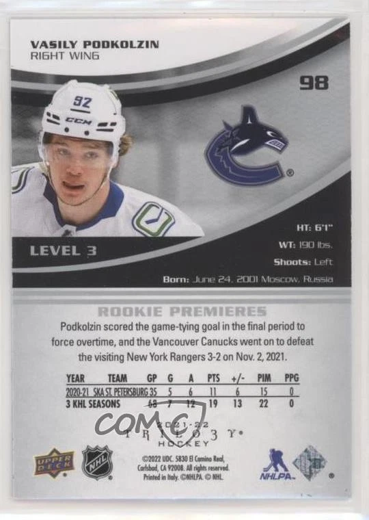 2021-22 Upper Deck Extended Series Trilogy Rookies /299 Rare Vasily Podkolzin RC - Image 2 of 2
