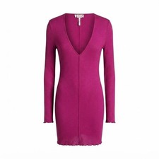 NEW Intimately Free People Ribbed Deep V Neck Sheer Long Sleeve Dress Pink M