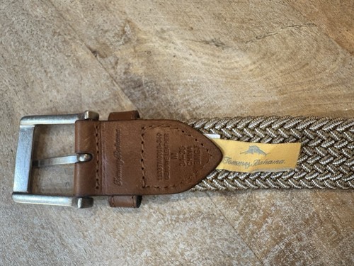Tommy Bahama Cinturón Elástico-Ribete de Cuero-Hebilla Plateada (Caqui,Talla M 34/36) - Imagen 5 de 6