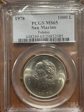 San Marino 1978 1000 Lire PCGS MS65 Tolstoy Silver Coin BU Unc KM-85 Low Mintage