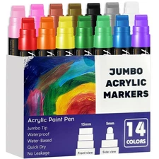 14 Colors Jumbo Markers, Jumbo Acrylic Paint Markers 15mm Wide Felt Tip Perma...