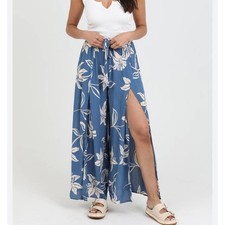 Angie Split Leg Palazzo Pants   Blue Floral Boho Wide Leg  Small  Rayon