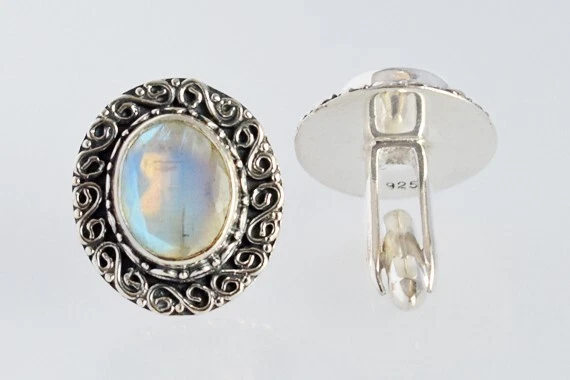 Gemelli in argento 925 ossidato pietra di luna arcobaleno naturale gioiello... - Immagine 3 di 4